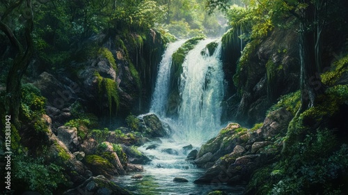 Enchanted Waterfall in Lush Green Forest