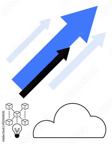 Three arrows pointing upward symbolize growth alongside cloud and network icons. Ideal for tech progress, data management, innovation discussions, growth strategies, cloud computing, networking