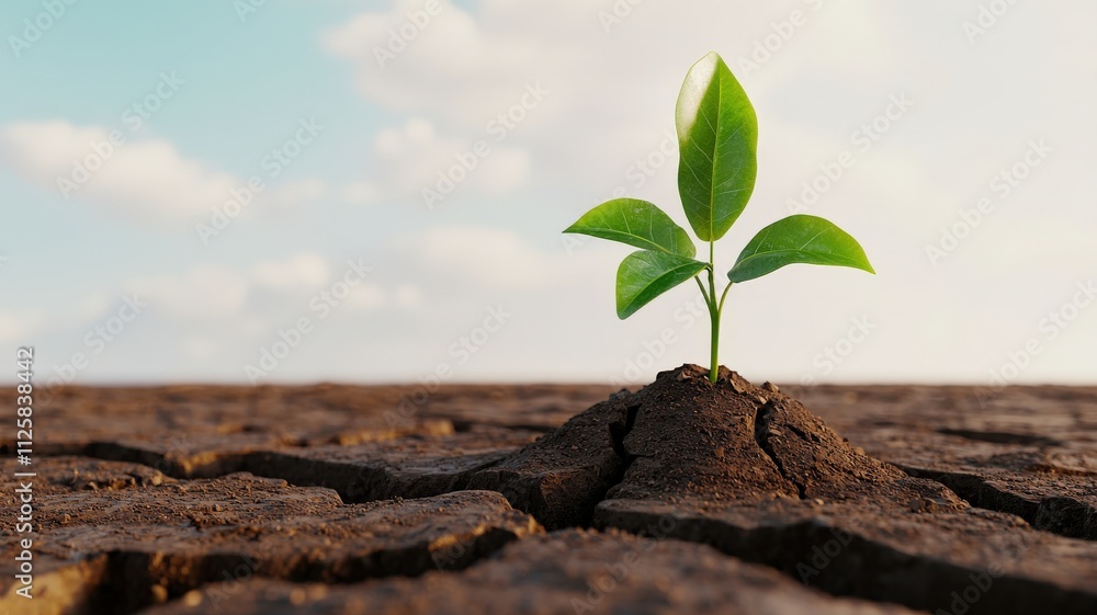 impact result environmental concept. A sprout emerging from cracked soil under a blue sky. impact result environmental concept. A sprout emerging from cracked soil under a blue sky.