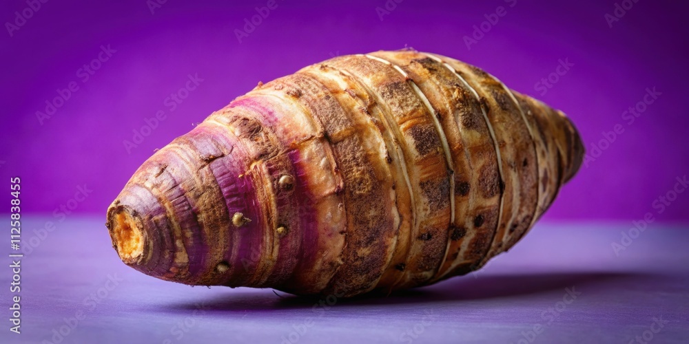 Closeup of taro root vegetable, eddo malanga, on a vibrant purple background, taro, root vegetable, eddo