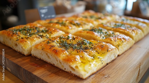 Wallpaper Mural Soft and golden focaccia bread topped with fresh herbs is showcased on a wooden board in a vibrant bakery setting. The tempting aroma fills the air. Torontodigital.ca