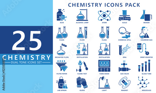 Chemistry dual tone icon set, contain acid, atom, flask, beaker, distillation, molecule, DNA and more. vector EPS 10. use for UI, UX, app and web development. for for industry, education, health.