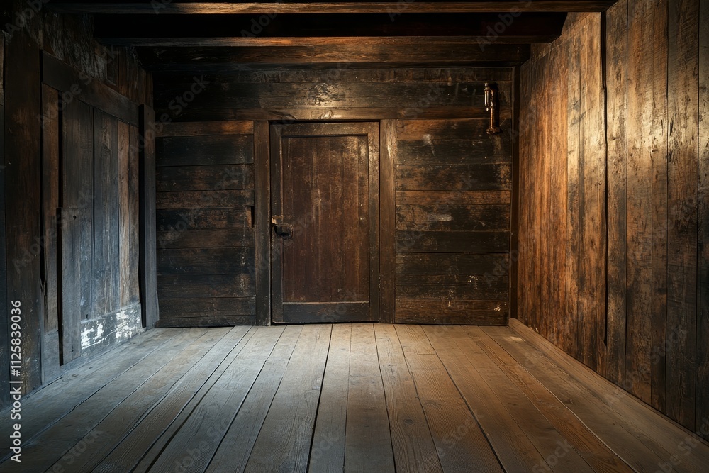 Dark, rustic wooden room interior with a door. Dark, rustic wooden room interior with a door.