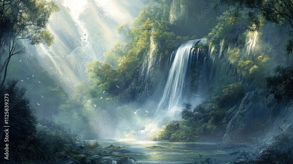 Enchanted Waterfall in a Lush, Sunlit Forest Enchanted Waterfall in a Lush, Sunlit Forest