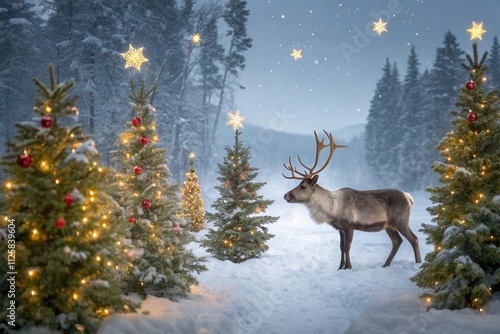 Christmas banner with magical scene of a reindeer in center in snowy forest with Christmas trees with lights and stars with copy space