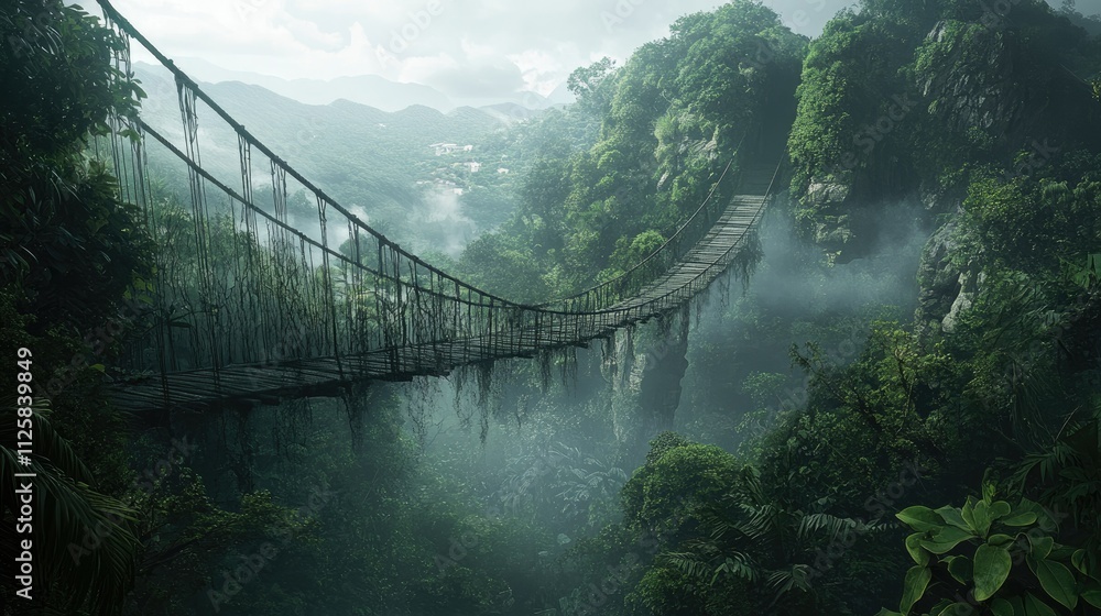 Fototapeta premium A misty suspension bridge winds through a lush tropical forest, disappearing into the dense greenery, evoking a sense of mystery and adventure