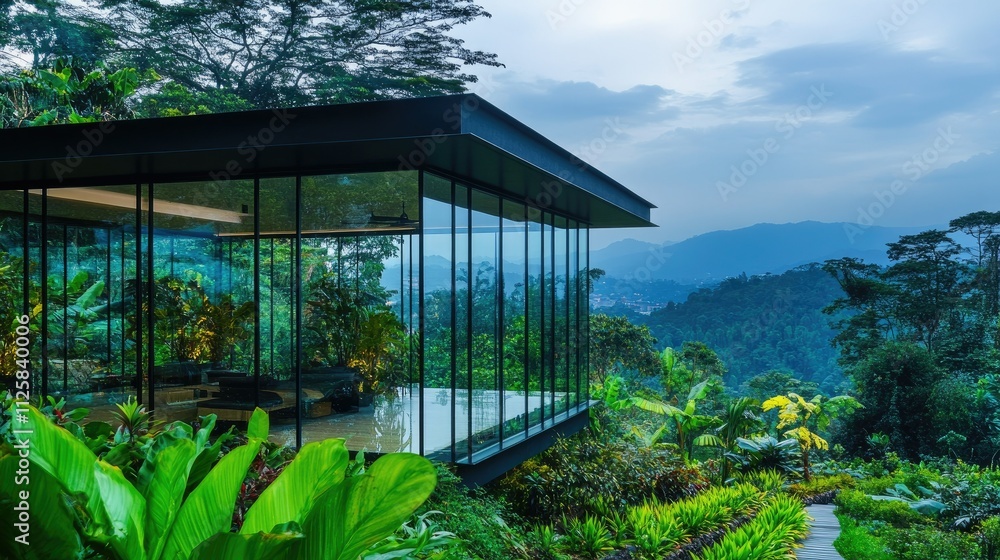 A modern glass structure blends into nature, offering a clear, unobstructed view of lush greenery and scenic landscapes beyond the glass panels A modern glass structure blends into nature, offering a clear, unobstructed view of lush greenery and scenic landscapes beyond the glass panels
