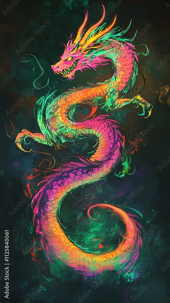 Vibrant neon pink and green dragon illustration. Vibrant neon pink and green dragon illustration.