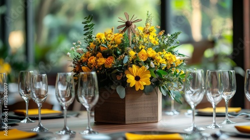 Wooden vase with yellow flower arrangement and a wooden spinner as a unique table centerpiece, perfect for rustic home decor, nature-inspired interior design, and creative craftsmanship.