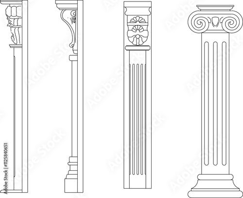 Vector sketch illustration silhouette design image of column with ornaments carved old classic vintage ethnic traditional europe