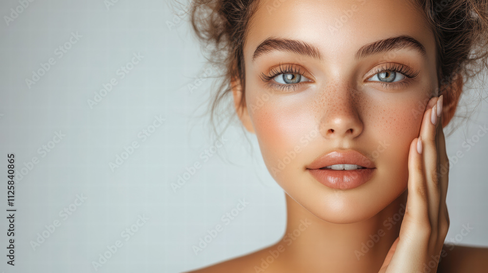 A beautiful woman with clean, fresh skin touching her face on a white background A beautiful woman with clean, fresh skin touching her face on a white background