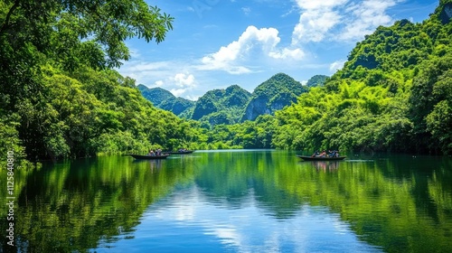 A panoramic view of Ninh Binh karst mountains surrounded by verdant countryside, with boats slowly paddling through calm rivers and lush vegetation