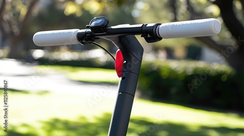 Modern Electric Scooter Handlebar with Controls and Grip for Urban Commuting in a Park Setting, Showcasing Eco-Friendly Transportation Options photo