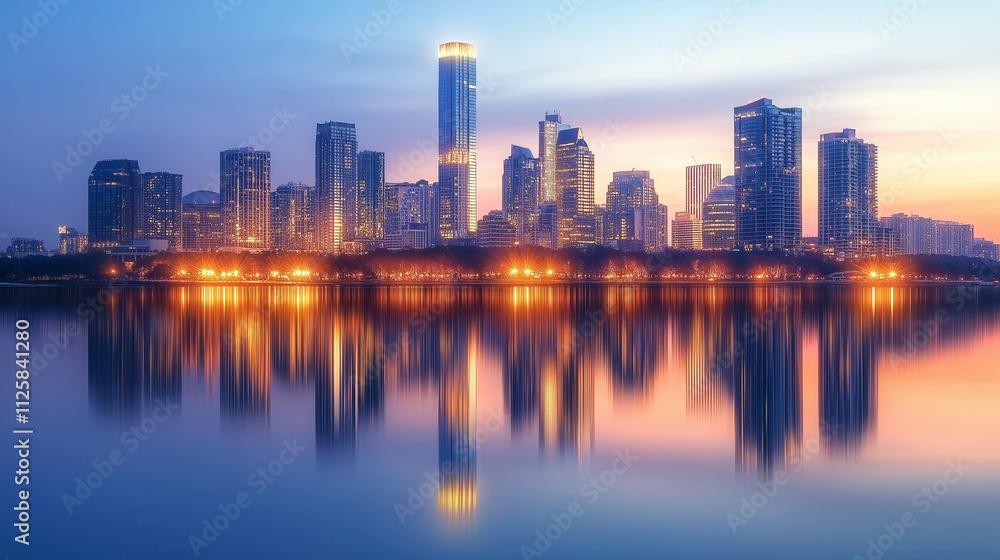Obraz premium Serene City Skyline at Dawn Reflecting in Tranquil Waters