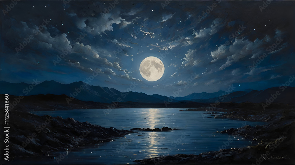 A stunning impressionist painting capturing a full moon glowing against a dark, starry night sky. The lunar surface is meticulously rendered A stunning impressionist painting capturing a full moon glowing against a dark, starry night sky. The lunar surface is meticulously rendered