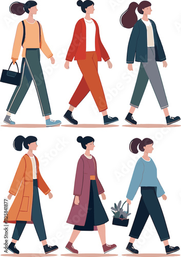 series walking different Stylish Young Adults Embracing Trendy Streetwear Fashion Illustration