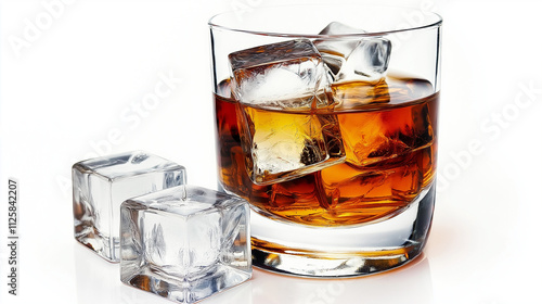 Glass of Scotch Whiskey with Large Ice Cubes on a White Background