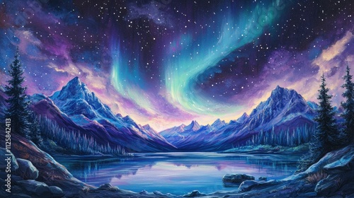 Fototapeta Naklejka Na Ścianę i Meble -  Dreamy scene of northern lights arching over a starlit sky, with a crystal-clear lake and towering mountain range in the distance.