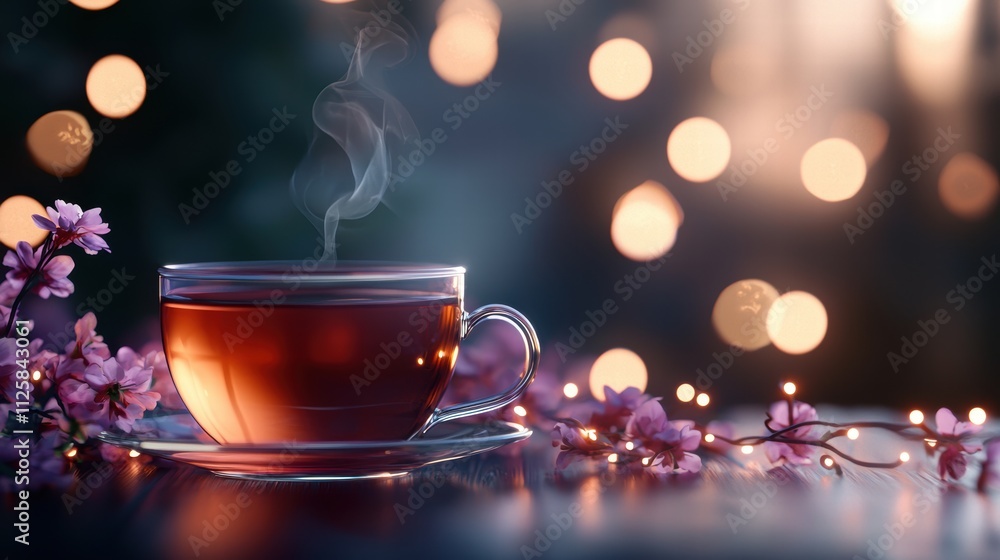 Serene cup of tea surrounded by blossoms and soft lights Serene cup of tea surrounded by blossoms and soft lights