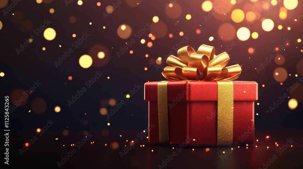 Festive red gift box with golden ribbon and bokeh lights Festive red gift box with golden ribbon and bokeh lights