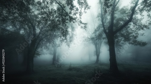 Mysterious foggy forest path.