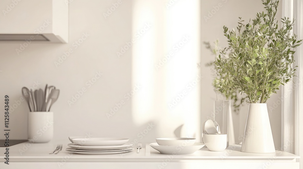 Serene and Minimalistic Kitchen Scene with White Dishware and Fresh Greenery Showcasing Modern Design and Natural Light in a Bright Interior Space Serene and Minimalistic Kitchen Scene with White Dishware and Fresh Greenery Showcasing Modern Design and Natural Light in a Bright Interior Space