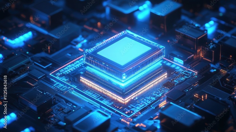 Futuristic 3D robot chatbot interacting with a high-tech microchip, illuminated by blue and white lights, showcasing artificial intelligence in technological advancements. Futuristic 3D robot chatbot interacting with a high-tech microchip, illuminated by blue and white lights, showcasing artificial intelligence in technological advancements.