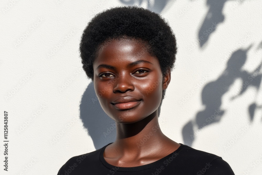 Young woman with natural short curly hair stands confidently against a light wall, showcasing her radiant skin and serene expression, surrounded by soft shadows Young woman with natural short curly hair stands confidently against a light wall, showcasing her radiant skin and serene expression, surrounded by soft shadows
