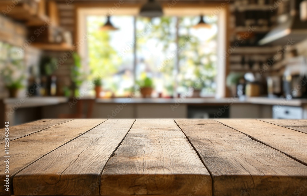 Rustic wooden table in front of blurred kitchen. Rustic wooden table in front of blurred kitchen.
