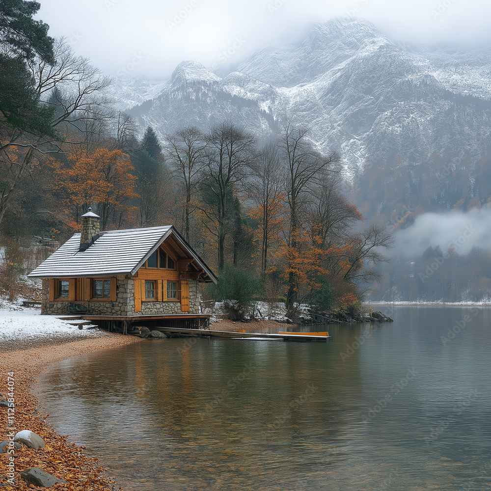 Fototapeta premium Small house on a winter lake with mountains in the background.