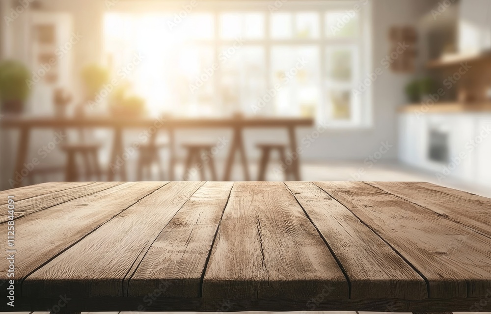Rustic wooden table in blurred bright kitchen. Rustic wooden table in blurred bright kitchen.