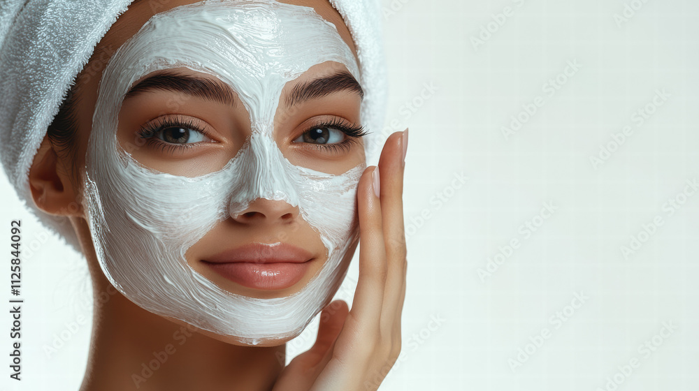A beautiful woman with a white facial mask on her face and a towel wrapped around her head A beautiful woman with a white facial mask on her face and a towel wrapped around her head