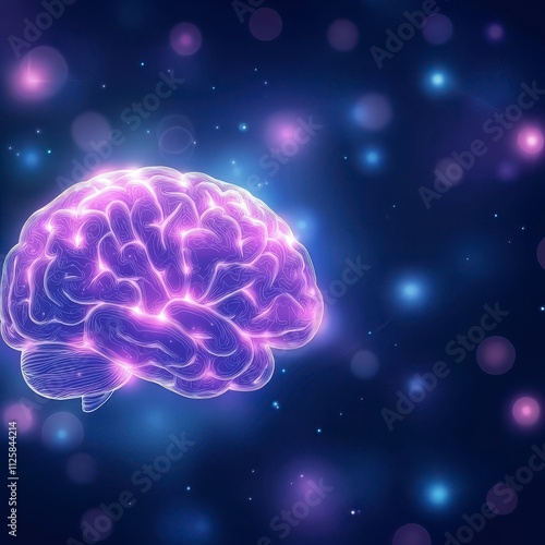 A glowing brain illustration amidst a cosmic background of colorful lights.