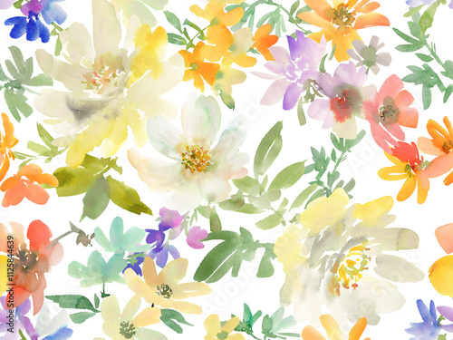 Fototapeta Naklejka Na Ścianę i Meble -  A seamless pattern of abstract white peonies and wild flowers painted in watercolor with transparent background. A floral wallpaper pattern in watercolor. Floral pattern for wedding invitations

