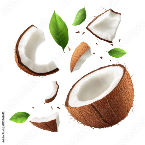 Coconut pieces and green leaves floating in the air