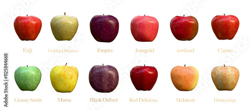 The cultivar of 12 apples images created by 3D modeling transparent png file. 