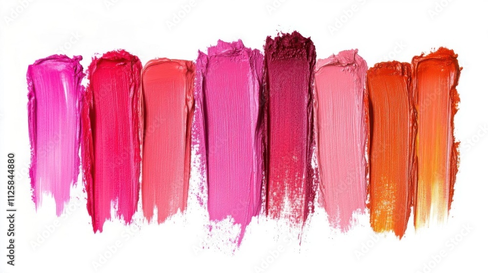 Fototapeta premium Explore vibrant lipstick swatches: shades of pink, red, and orange create a colorful palette.