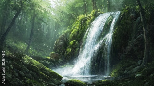 Enchanted Waterfall in a Lush Forest