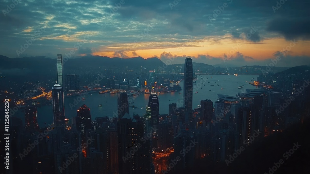 Fototapeta premium A stunning twilight view of Hong Kong from The Peak, with city lights sparkling against the deepening sky.