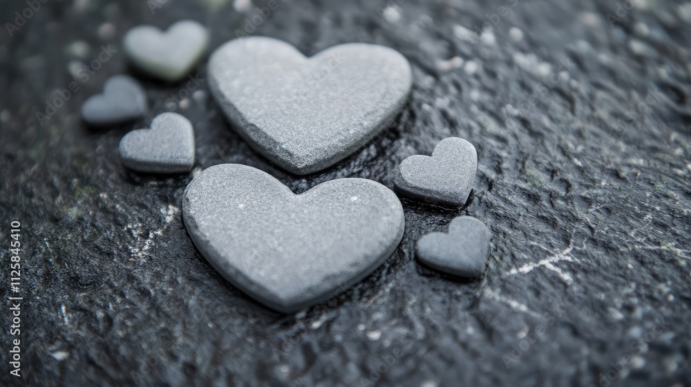 Obraz premium Collection of Black Stone Hearts on Dark Surface, Symbolizing Love and Affection, Ideal for Romantic Themes and Artistic Backgrounds