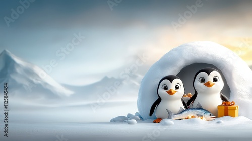 A 2D cartoon of a penguin family celebrating Christmas with presents and a fish feast under a decorated igloo.Ultra-Realistic, Photo Realistic, highly detailed, 