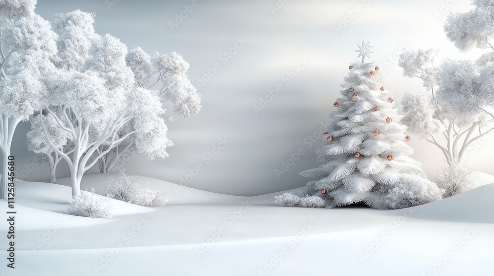 Fototapeta premium A 3D depiction of a snowy forest with wildlife gathering around a Christmas tree decorated with natural ornaments.Ultra-Realistic, Photo Realistic, highly detailed, 