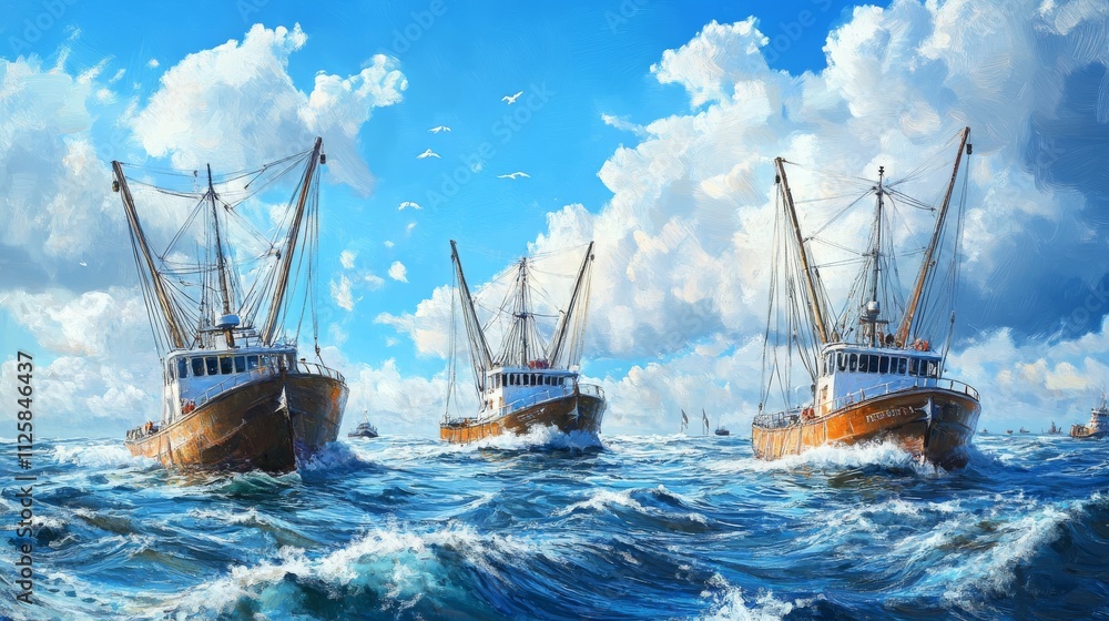 Obraz premium Three fishing boats with nets in the sea, in a blue color, with a clear sky and daylight, photorealistic