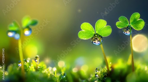 Close up of vibrant green clover with dew and morning sunlight. World Environmental Day, Earth Day, Eco-Friendly Activities. Video footage for promoting, advertisement, environment campaign business.