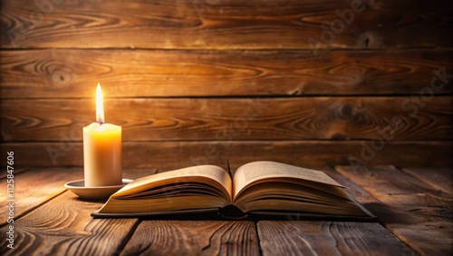 Book with a flickering candle on a wooden table, reading, studying, relaxation, cozy, atmospheric, vintage