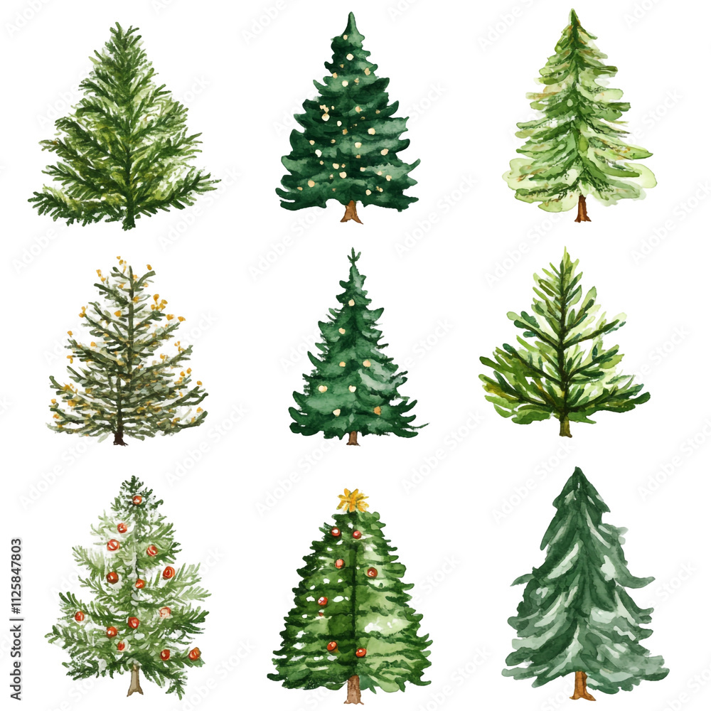 Fototapeta premium Nine Watercolor Christmas Trees: A Festive Collection of Evergreen Conifers