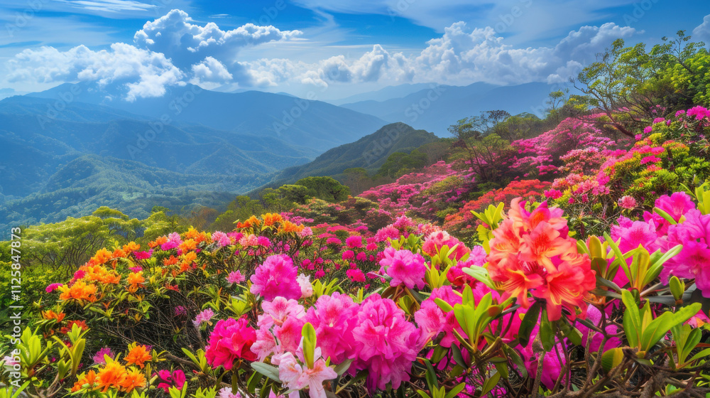 Vibrant Rhododendron Blossoms in Mountain Landscape Vibrant Rhododendron Blossoms in Mountain Landscape