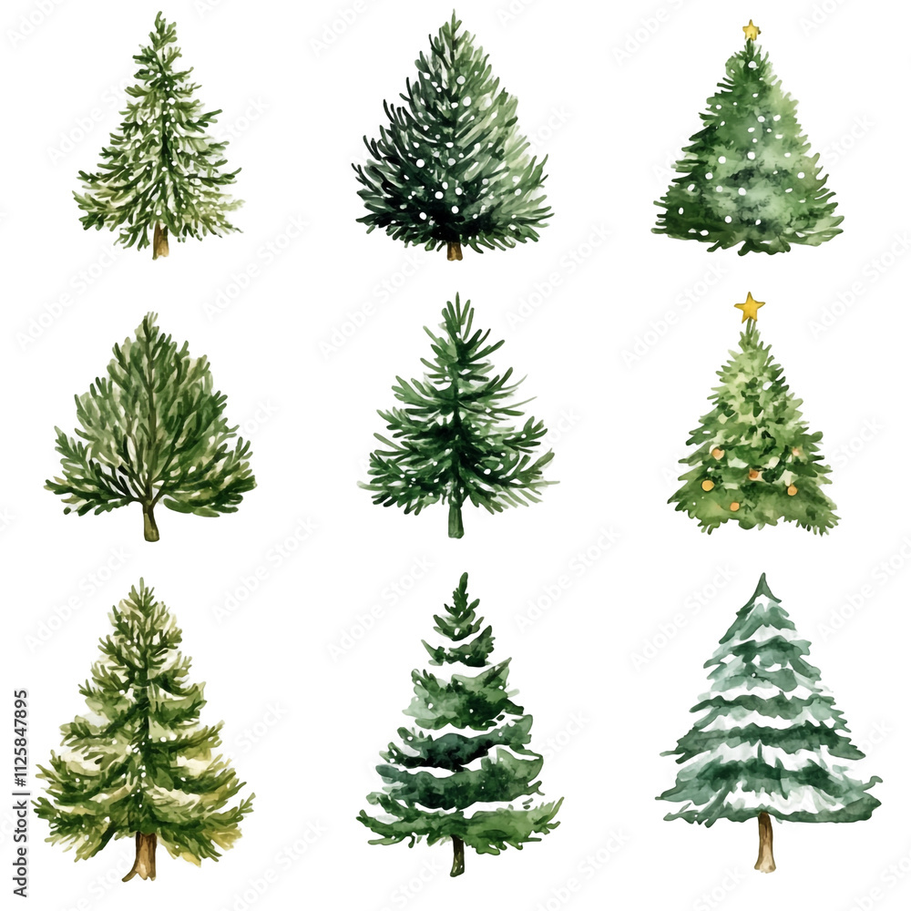 Fototapeta premium Nine Watercolor Christmas Trees Collection