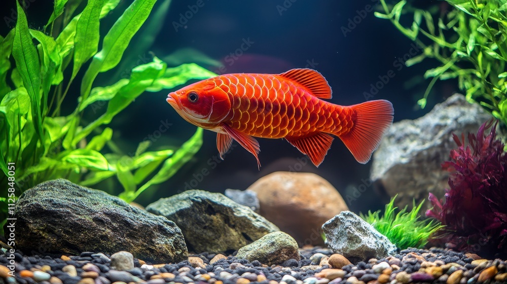 Vibrant Red Fish Swimming in Aquarium Environment Vibrant Red Fish Swimming in Aquarium Environment