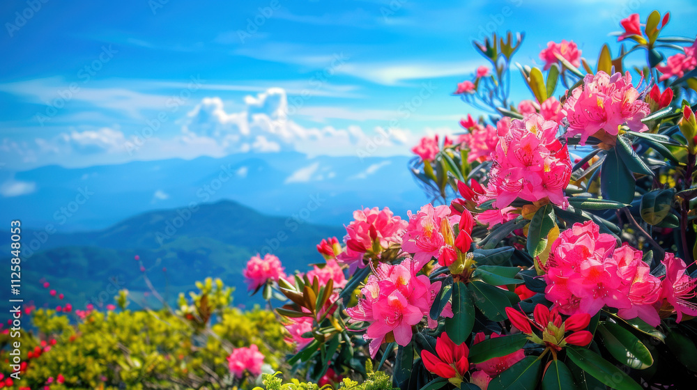 Obraz premium Pink Rhododendrons in Mountain Landscape